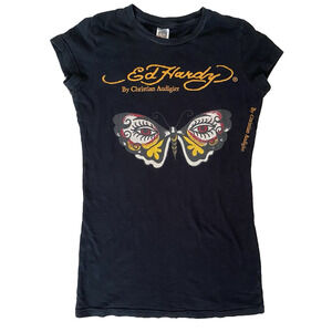 Vintage Y2K Christian Audigier Butterfly Design Ed Hardy Shirt Sz Small